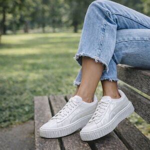 Puma Fenty Rihanna Patent Leather Creeper White Platform Sneakers 9.5
